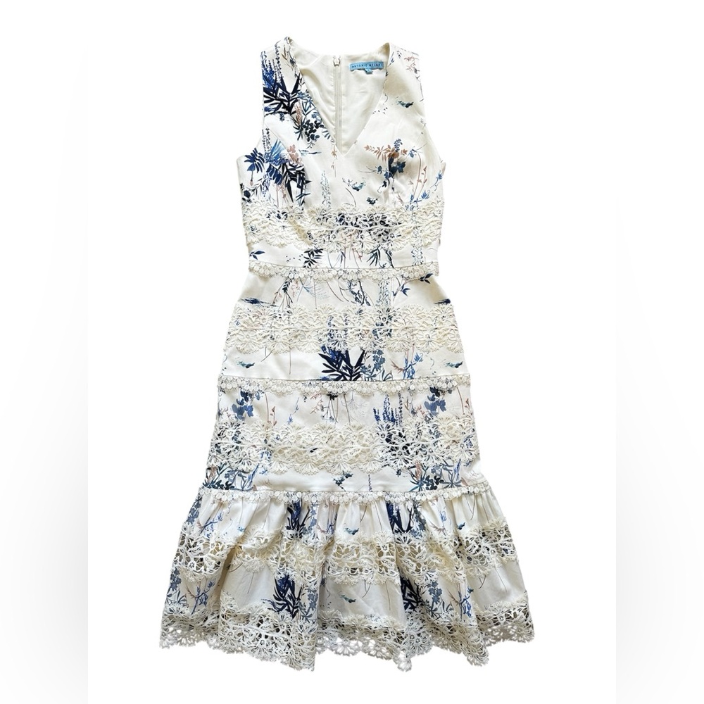 ANTONIO MELANI White Floral Lace Midi Dress with Blue Print